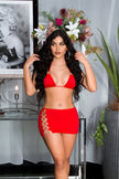 Sexy KouCla Set skirt + bra with rhinestone rings Red O/S