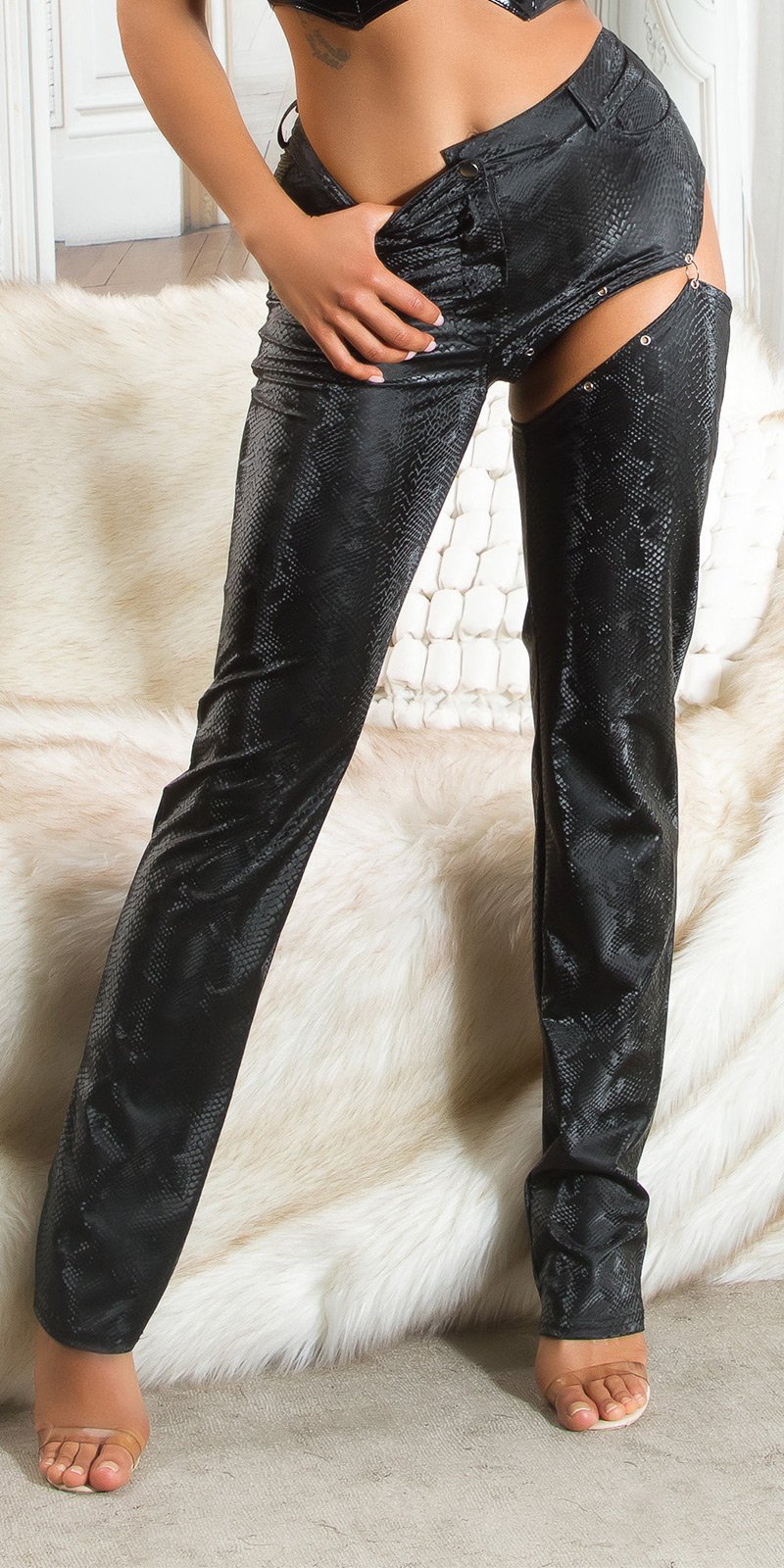 Sexy Koucla Wetlook Pants with Snake Print & Cut Out Snake L