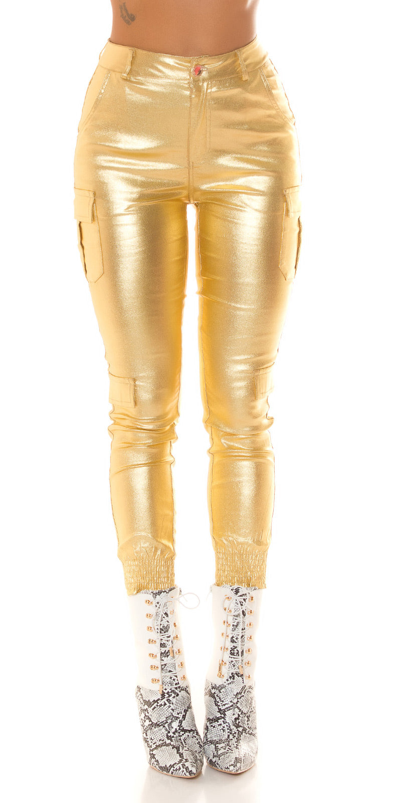 Trendy Metallic Look Cargo Pants Gold S