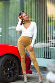 Sexy Highwaist Pants with decorative buttons Caramel S/M