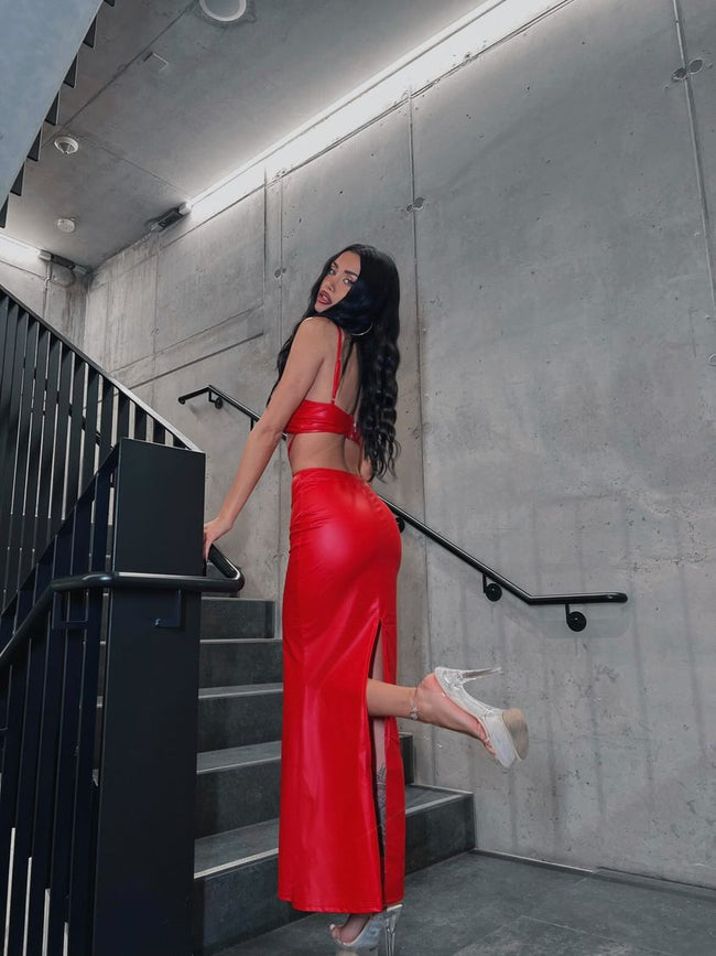 Soo Sexy! Koucla faux leather Dress with XL Slit Red O/S