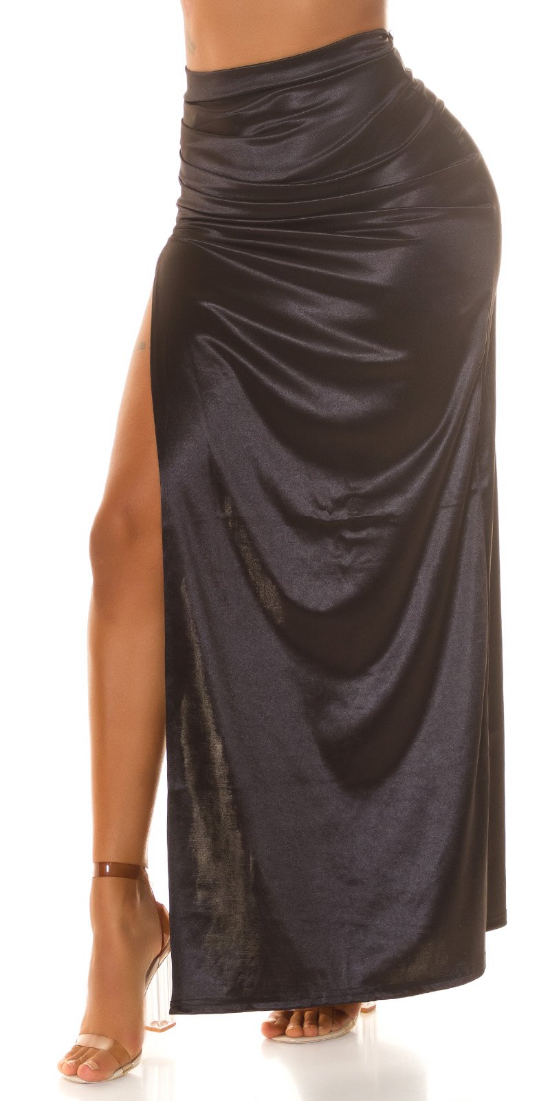 Sexy Koucla draped Maxi Skirt in Satin Look Black L