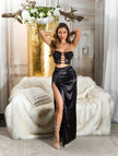 Sexy Koucla draped Maxi Skirt in Satin Look Black L