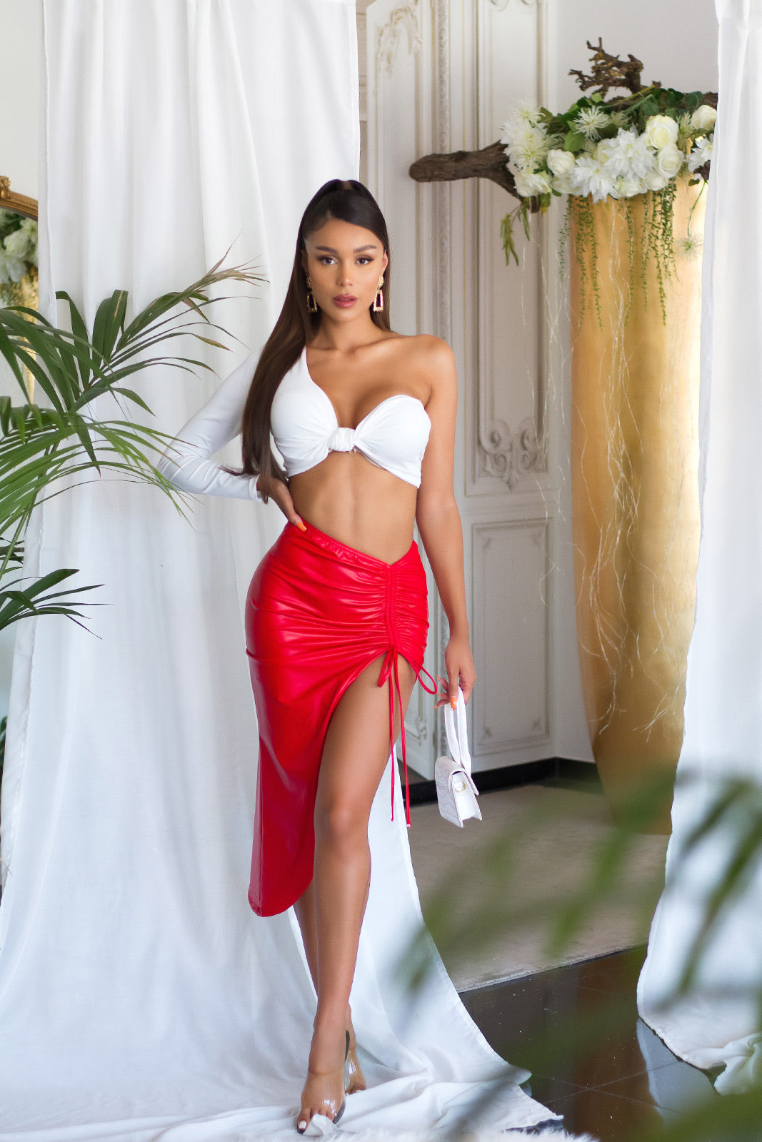 Soo Sexy! Koucla faux leather skirt with XL leg slit Red O/S