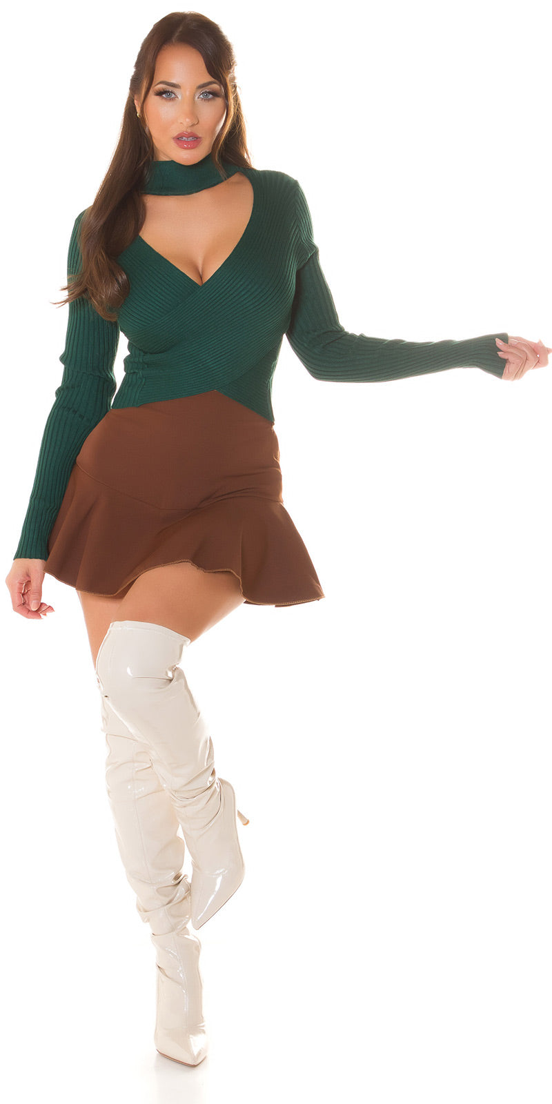 Sexy Wickellook Crop Rollkragen Pullover Green S/M