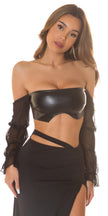 Sexy Koucla off-shoulder leather look Crop Top Black O/S