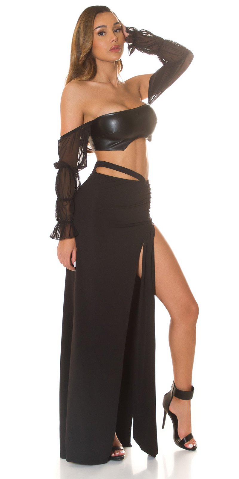 Sexy Koucla off-shoulder leather look Crop Top Black O/S