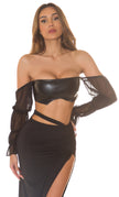 Sexy Koucla off-shoulder leather look Crop Top Black O/S