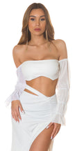 Σέξι Koucla Crop Top με δερμάτινη εμφάνιση και έξω τους ώμους, λευκό O/S