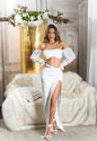 Σέξι Koucla Crop Top με δερμάτινη εμφάνιση και έξω τους ώμους, λευκό O/S
