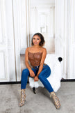 Sexy Faux Leather Crop Topwith chain Straps Braun O/S