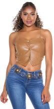 Sexy Faux Leather Crop Topwith chain Straps Cappuccino O/S