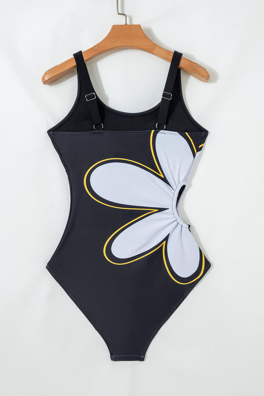 Black Drawstring Big Hole Floral Print Sleeveless One Piece Swimsuit