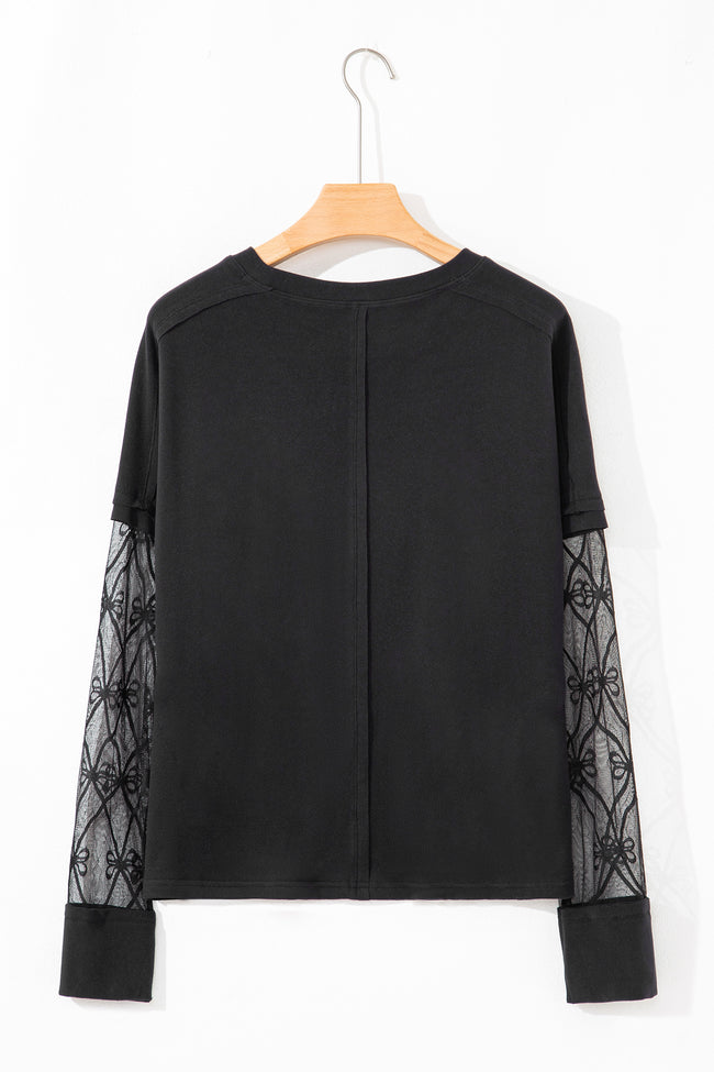 Black Solid Color Bow Textured Patchwork Long Sleeve Tee