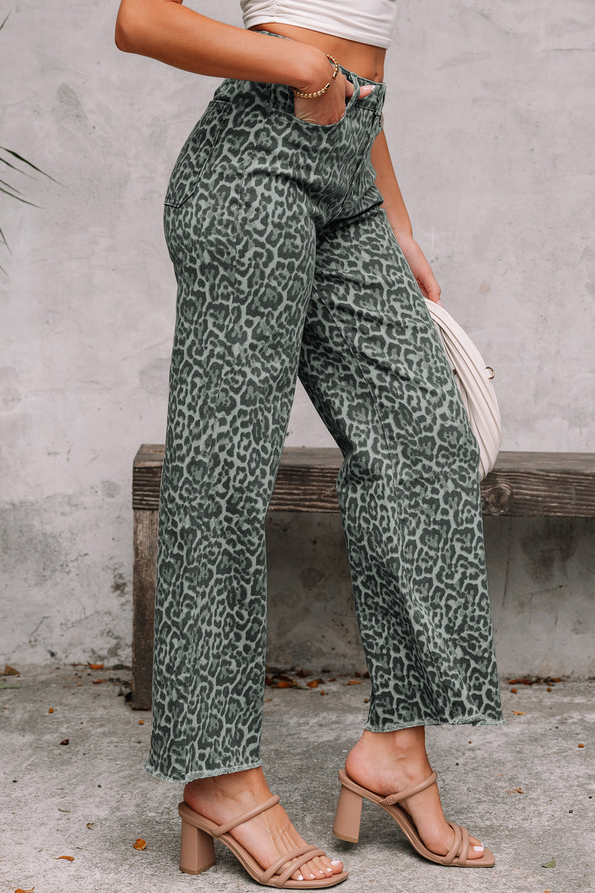 Brown Leopard Frayed Edge Wide Leg High Waist Jeans