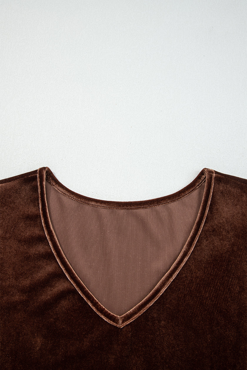 Chicory Coffee Solid Color Velvet V Neck Long Sleeve Tiered Mini Dress