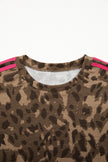 Brown Loose Contrast Striped Accent Leopard T Shirt Mini Dress with Pockets