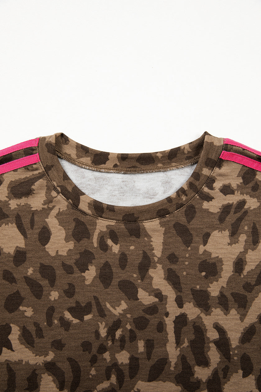 Brown Loose Contrast Striped Accent Leopard T Shirt Mini Dress with Pockets