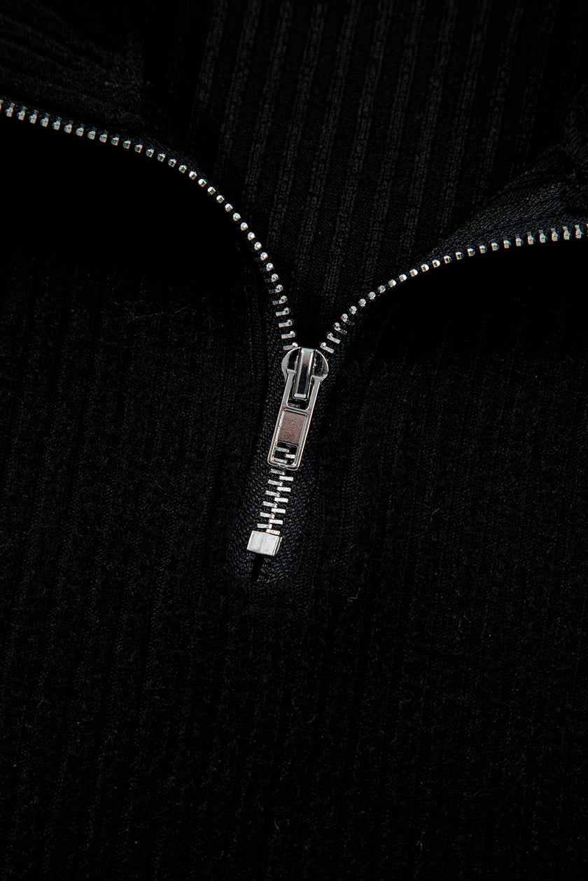 Black Ribbed Zip Stand Neck Drop Shoulder Pullover Bodycon Skirt 2pcs Set