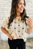 Black Bow Print Puff Short Sleeve Top