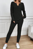 Racing Red Ribbed Notched Neck Knit Long Sleeve Leggings Two Pieces Lounge Set