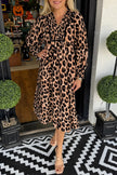 Brown Leopard Print Smocked Detail Flowy Midi Dress
