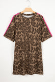 Brown Loose Contrast Striped Accent Leopard T Shirt Mini Dress with Pockets