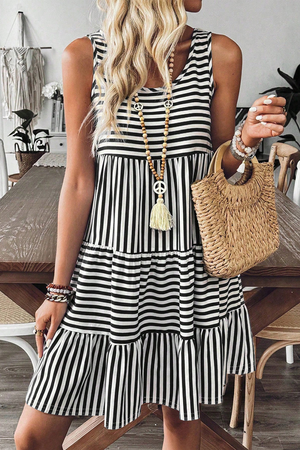 Black Stripe U Neck Sleeveless Loose Fit Mini Dress