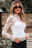 Apricot Pink Sheer Floral Lace Mesh Mock Neck Long Sleeve Top