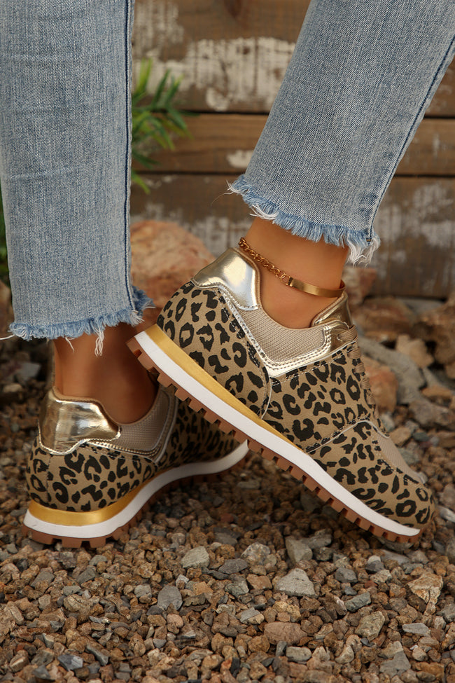 Coffee Leopard Faux Suede Mixed Patchwork Lace Up Sneakers