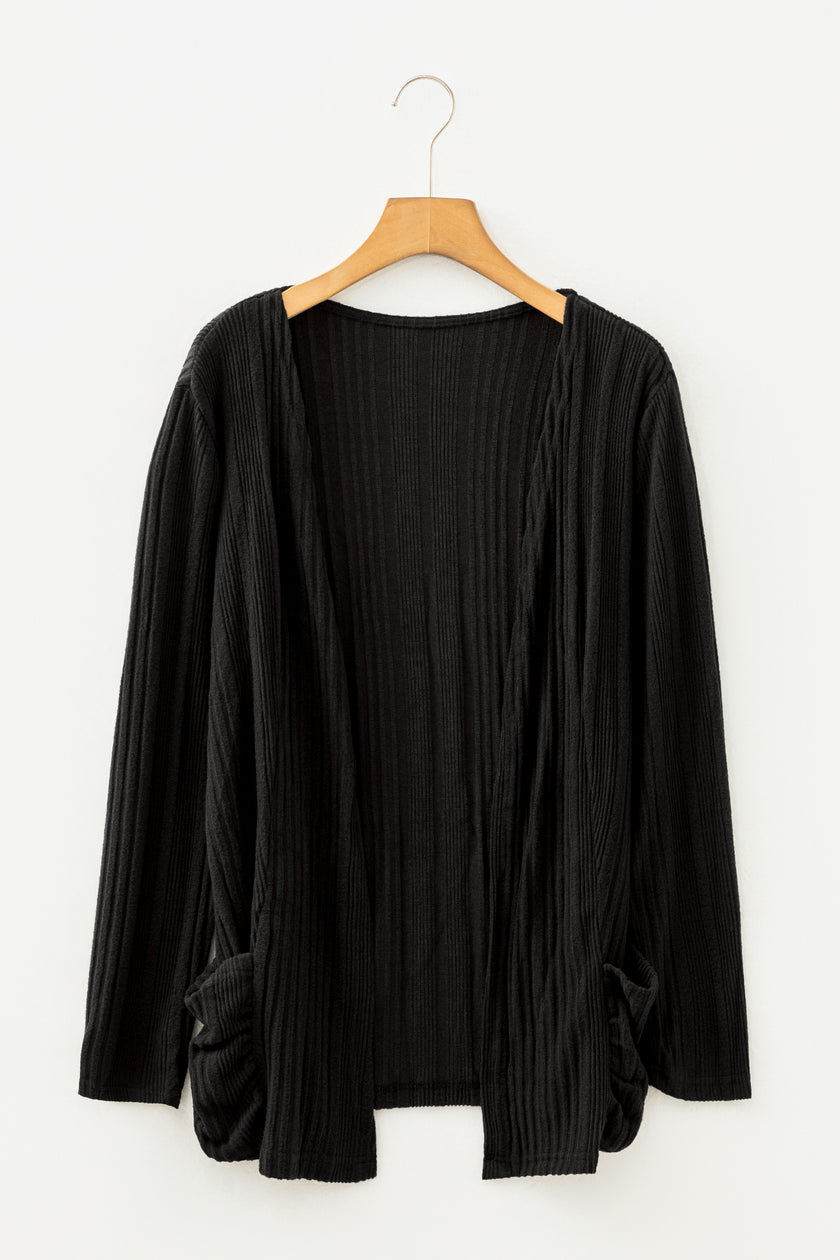 Black Ribbed Open Front Knitted Top with Pockets