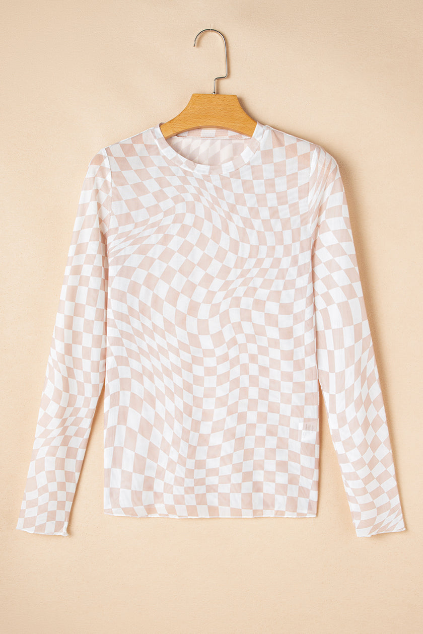Black Checkered Pattern Mesh Mock Neck Long Sleeve Top