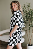Black Checkerboard Print V Neck Loose Tee and Shorts Lounge Set