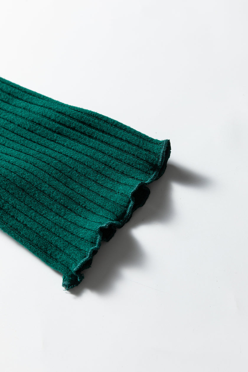 Black Lace Neckline Button Decor Lettuce Edge Long Sleeve Ribbed Top