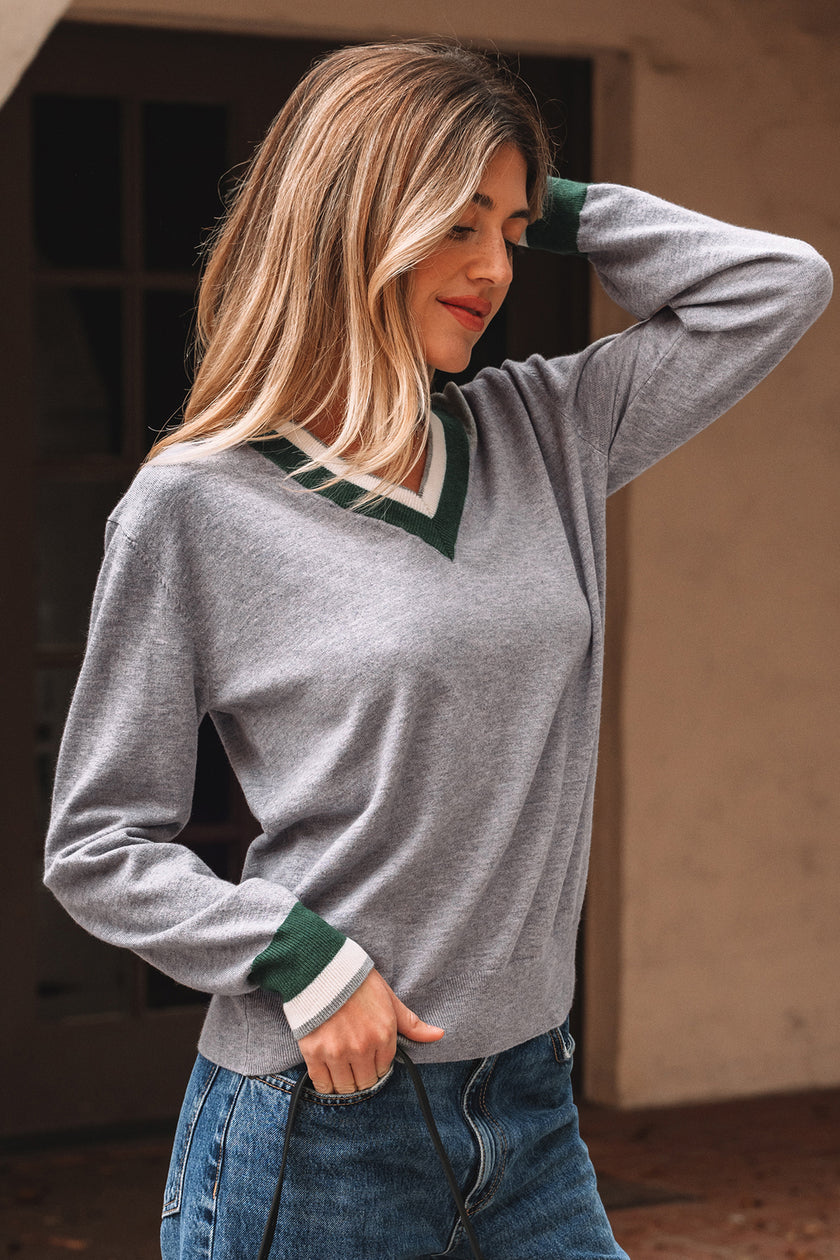 Black Contrast Striped Trim V Neck Varsity Sweater