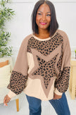 Light French Beige Leopard Star Color Block Patchwork Textured Baggy Sweatshirt