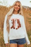 White Embroidered Bow Boots Graphic Drop Shoulder Sweater