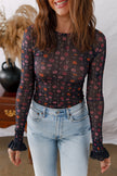 Dear Lover Black Floral Print Smocked Cuff Slim Fit Mesh Bodysuit