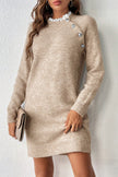 Parchment Button Lace Detail Raglan Sleeve Shift Mini Sweater Dress