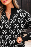 Black Cute Bow Pattern Drop Shoulder Zipped Collar Sweater