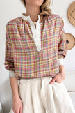 Ροζ μπλούζα Henley με καρό μοτίβο και σχέδιο patchwork