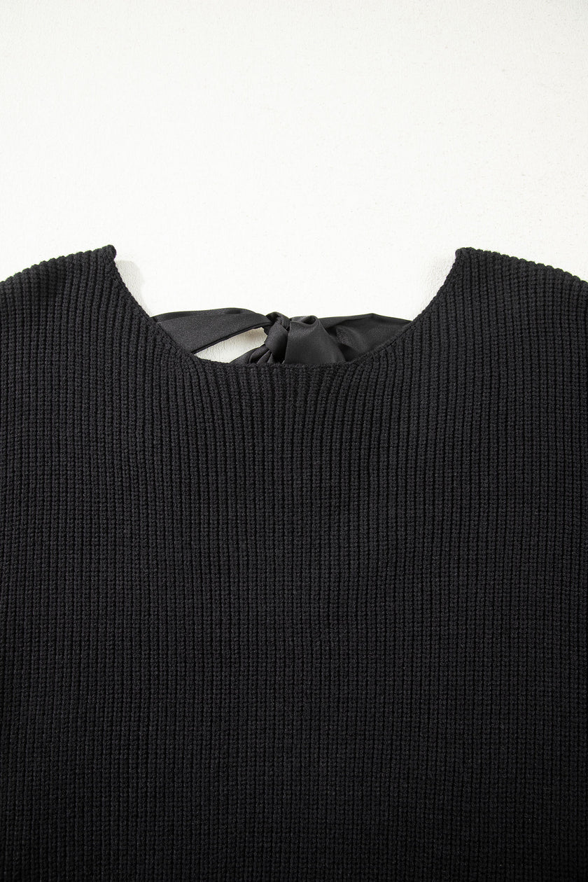 Black Ribbed Knit Ribbon Knot Backless Drop Shoulder Sweater
