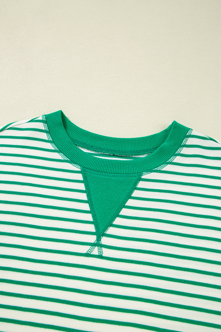 Bright Green Striped Exposed Seam Patchwork Loose Pullover Top