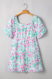 White Floral Print Ric-rac Trim Square Neck Plus Size Mini Dress