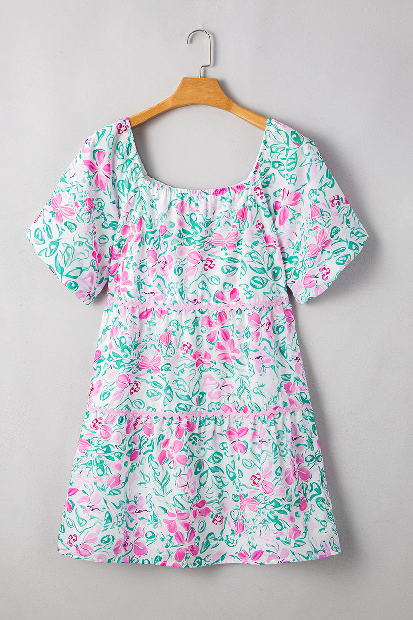 White Floral Print Ric-rac Trim Square Neck Plus Size Mini Dress