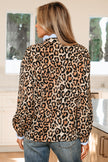 Brown Wild Leopard Print Contrast Striped Frilled Trim Chic Shirt