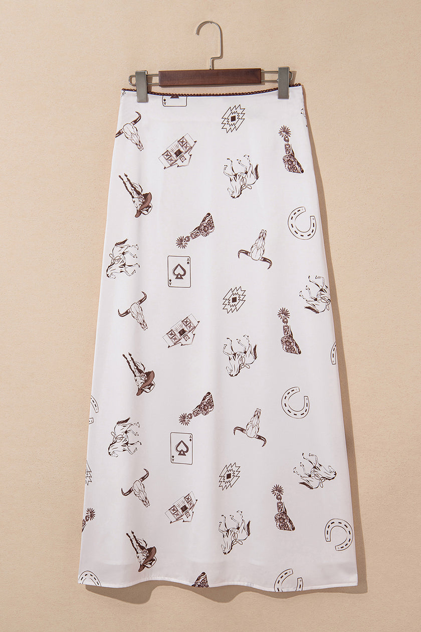 White Western Print Satin Long Skirt
