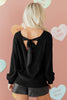 Black Ribbed Knit Ribbon Knot Backless Drop Shoulder Sweater