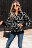 Black Cute Bow Pattern Drop Shoulder Zipped Collar Sweater