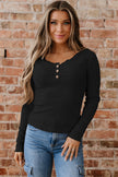Black Lace Neckline Button Decor Lettuce Edge Long Sleeve Ribbed Top